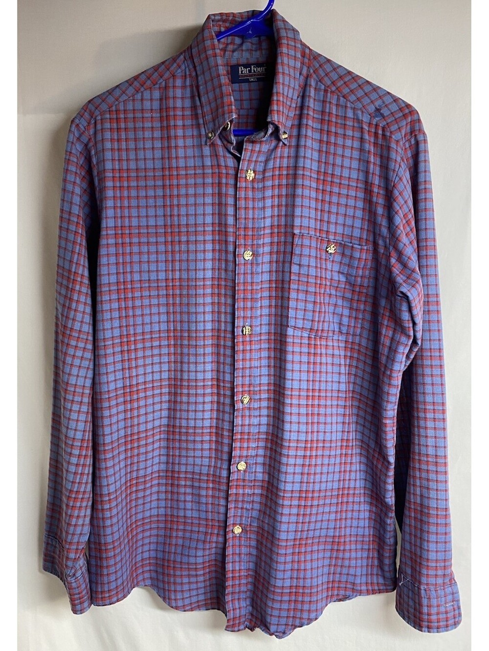 Vintage Par Four Shirt Men's M Tall Plaid Blue Red Long Sleeve Button Up